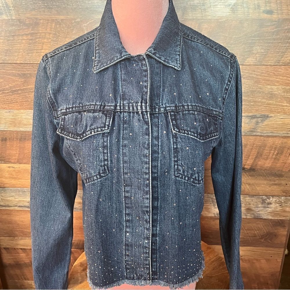 FENDI Vintage Crystal Embellished Cotton Denim Cropped Blue Jean Jacket, Size 28 - Picture 2 of 16